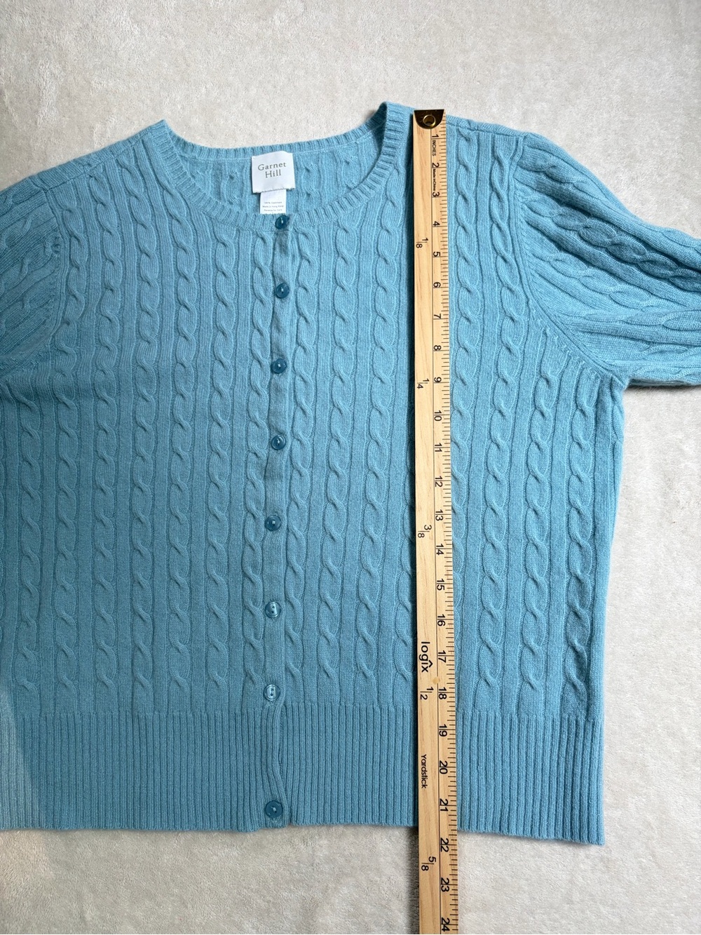 Garnet Hill Cashmere 3/4 Sleeve Cable Knit Button Front Cardigan Sweater - Picture 5 of 11